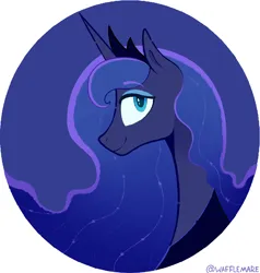 Size: 858x901 | Tagged: safe, artist:waffletheheadmare, derpibooru import, princess luna, alicorn, pony, blue background, blue eyes, blue mane, bust, crown, eyeshadow, g4, horn, image, jewelry, makeup, png, portrait, profile, regalia, simple background, smiling, tiara