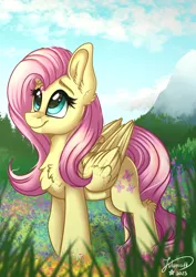 Size: 2894x4093 | Tagged: safe, artist:julunis14, derpibooru import, fluttershy, pegasus, pony, chest fluff, cloud, cute, ear fluff, female, flower, folded wings, g4, grass, high res, image, leg fluff, looking up, mare, mountain, outdoors, png, redraw, shyabetes, signature, sky, smiling, solo, wings