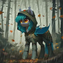 Size: 4096x4096 | Tagged: safe, ai content, derpibooru import, machine learning generated, prompter:lostconn, stable diffusion, oc, unofficial characters only, bat pony, bat pony oc, bat wings, falling leaves, female, feral, forest, generator:pony diffusion v6 xl, generator:purplesmart.ai, ghillie suit, hood, image, jpeg, leaves, military, nature, rain, solo, tree, wings