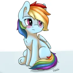 Size: 3200x3200 | Tagged: safe, alternate version, artist:dbleki, derpibooru import, rainbow dash, pegasus, pony, blushing, cute, dashabetes, female, folded wings, g4, image, mare, png, simple background, sitting, solo, tail, white background, wings