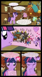 Size: 1280x2300 | Tagged: safe, artist:bigsnusnu, derpibooru import, pinkie pie, prince rutherford, twilight sparkle, earth pony, unicorn, yak, comic:dusk shine in pursuit of happiness, book, chest, diamond, drawing, dusk shine, facehoof, globe, guilty, heart, horn, image, musical instrument, png, quill, rule 63, shield, stool, telescope, vase, yovidaphone