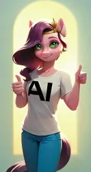 Size: 1060x1998 | Tagged: safe, ai content, derpibooru import, machine learning generated, stable diffusion, pipp petals, anthro, pony, g5, clothes, crown, female, image, jewelry, png, regalia, shirt, smiling, solo, solo female, t-shirt, thumbs up, wingless, wingless anthro