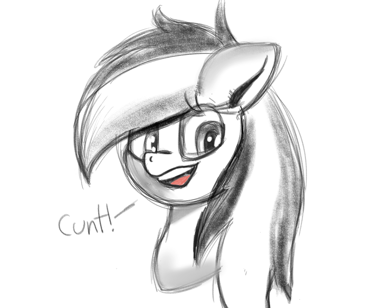 Size: 2500x2000 | Tagged: safe, artist:kenzie, derpibooru import, rainbow dash, pegasus, pony, black and white, black and white mane, bust, clip studio paint, cunt, disembodied head, female, grayscale, image, looking at you, mare, monochrome, open mouth, png, portrait, simple shading, sketch, solo, swearing, talking, talking to viewer, vulgar