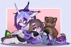 Size: 2463x1612 | Tagged: safe, artist:suggi_doggi_owo, derpibooru import, oc, oc:estel moonborn, unofficial characters only, pony, unicorn, abstract background, duo, duo female, female, horn, image, plushie, png