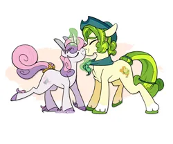 Size: 1200x1000 | Tagged: safe, artist:lesbian-sunshim, derpibooru import, pistachio, sweetie belle, earth pony, pony, unicorn, alternate cutie mark, bandana, blushing, bow, cloven hooves, cowboy hat, duo, duo male and female, eyes closed, female, g4, hat, horn, image, jpeg, kissing, magic, magic aura, male, mare, raised hoof, ship:sweetiestachio, shipping, simple background, stallion, straight, tail, tail bow, white background