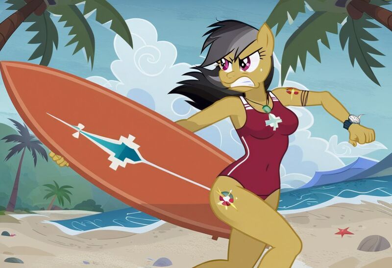 Size: 1216x832 | Tagged: safe, ai content, artist:nickeltempest, machine learning generated, stable diffusion, daring do, anthro, pegasus, baywatch, beach, busty daring do, clothes, determined, image, jpeg, one-piece swimsuit, palm tree, running, sexy, solo, sunbathing, surfboard, swimsuit