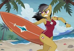 Size: 1216x832 | Tagged: safe, ai content, machine learning generated, stable diffusion, daring do, anthro, pegasus, baywatch, beach, busty daring do, determined, jpeg, one-piece swimsuit, palm tree, running, sexy, solo, sunbathing, surfboard