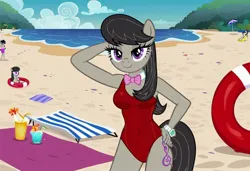 Size: 1216x832 | Tagged: safe, ai content, machine learning generated, stable diffusion, octavia melody, anthro, earth pony, arm behind head, baywatch, beach, beach towel, buoy, busty octavia melody, flirty, hand on hip, jpeg, one-piece swimsuit, seductive pose, sexy, smiling, solo, standing, sunbathing, tropical drink