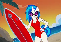 Size: 1216x832 | Tagged: safe, ai content, machine learning generated, stable diffusion, vinyl scratch, anthro, unicorn, baywatch, beach, busty vinyl scratch, flirty, hand on hip, jpeg, one-piece swimsuit, rock, seductive pose, sexy, smirk, solo, standing, sunbathing, sunset, surfboard
