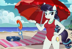 Size: 1216x832 | Tagged: safe, ai content, machine learning generated, stable diffusion, coloratura, anthro, earth pony, baywatch, beach, beach towel, buoy, busty coloratura, cooler, flirty, hand on hip, image, jpeg, one-piece swimsuit, seductive pose, sexy, smiling, solo, standing, sunbathing, umbrella, wrong cutie mark