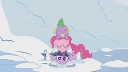 Size: 1920x1080 | Tagged: suggestive, derpibooru import, screencap, pinkie pie, spike, twilight sparkle, dragon, earth pony, pony, unicorn, season 1, winter wrap up, animated, female, g4, gif, horn, ice skates, image, loop, male, mare, out of context, skates, snow, thrusting