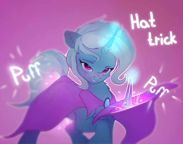 Size: 2563x2020 | Tagged: suggestive, artist:itssim, derpibooru import, trixie, pony, unicorn, blushing, clothes, female, g4, gradient background, hat, high res, horn, image, looking at you, magic, magic trick, mare, onomatopoeia, panties, png, raised hoof, smiling, smiling at you, solo, solo female, tail, trixie's hat, underwear