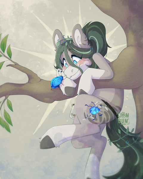 Size: 2000x2500 | Tagged: safe, artist:lionbun, derpibooru import, oc, oc:june blooms, beetle, earth pony, insect, pony, climbing, cute, earth pony oc, excited, female, happy, holding on, image, mare, png, tree