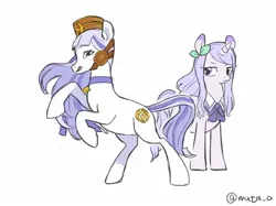 Size: 1739x1304 | Tagged: safe, artist:muta_a, derpibooru import, earth pony, pony, unicorn, anime, crossover, duo, gold ship, horn, image, jpeg, mejiro mcqueen, simple background, uma musume pretty derby, white background