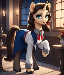 Size: 3429x4000 | Tagged: safe, ai content, derpibooru import, machine learning generated, prompter:midnightdashie, stable diffusion, oc, ponified, pony, unicorn, bioshock, bioshock infinite, blue eyes, clothes, elizabeth, elizabeth comstock, female, generator:pony diffusion v6 xl, horn, image, indoors, jpeg, looking at you, makeup, shirt, shoes, skirt, smiling, socks, solo, solo female, stockings, tail, thigh highs, unicorn oc