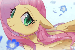 Size: 600x400 | Tagged: safe, artist:hosikawa, derpibooru import, fluttershy, pegasus, pony, animated, blinking, cute, female, g4, gif, image, looking at you, petals, shyabetes, simple background, smiling, smiling at you, solo