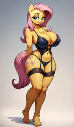 Size: 2400x4080 | Tagged: suggestive, ai content, derpibooru import, machine learning generated, fluttershy, anthro, plantigrade anthro, arm behind back, bedroom eyes, breasts, busty fluttershy, clothes, female, g4, garter belt, gray background, image, jpeg, lingerie, panties, prompter:lotsofcaps, simple background, smiling, solo, solo female, standing, underwear
