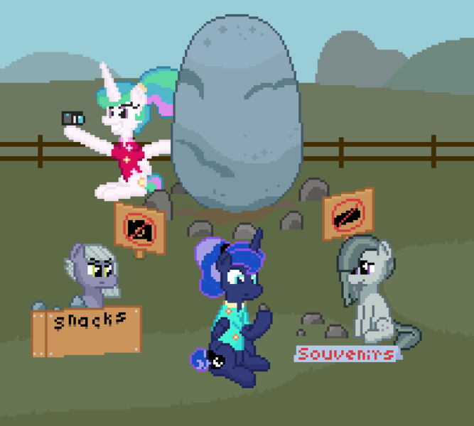 Size: 800x720 | Tagged: safe, artist:nitobit, derpibooru import, limestone pie, marble pie, princess celestia, princess luna, alicorn, earth pony, camera, digital art, fence, g4, holder's boulder, image, pixel art, png, rock, sign