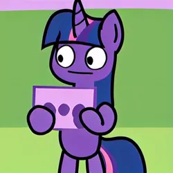 Size: 512x512 | Tagged: prompter needed, safe, ai content, derpibooru import, generator:aieasypic, machine learning generated, twilight sparkle, pony, unicorn, battle for dream island, card, couch, female, g4, holding, horn, image, jpeg, solo, style emulation, unicorn twilight