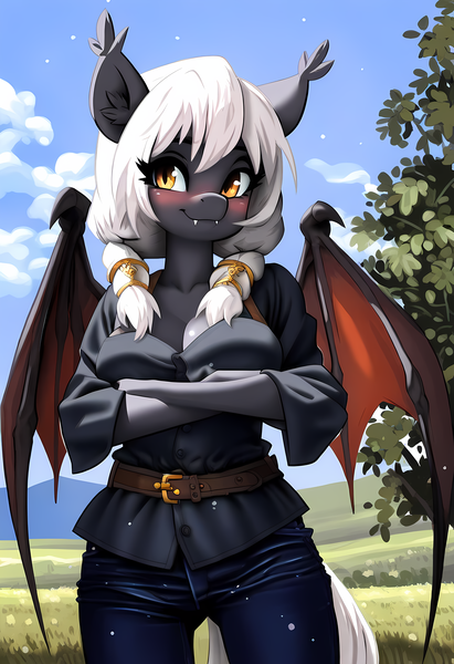 Size: 3328x4864 | Tagged: safe, ai content, derpibooru import, machine learning generated, novelai, stable diffusion, oc, oc:misty inkblot, unofficial characters only, anthro, bat pony, bat wings, belt, blushing, breasts, clothes, crossed arms, cute, ear tufts, fangs, image, pants, png, prompter:flitter4935, shirt, solo, twin braids, wings