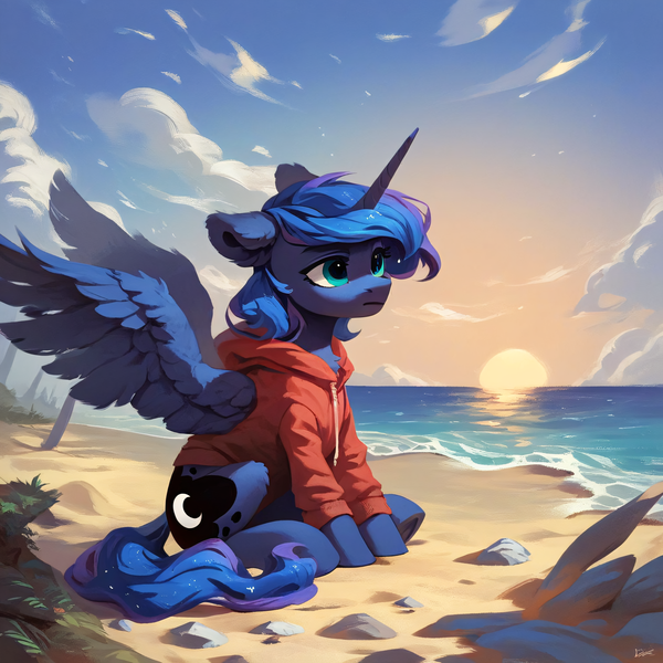 Size: 2048x2048 | Tagged: safe, ai content, derpibooru import, machine learning generated, prompter:liladash, stable diffusion, princess luna, alicorn, pony, beach, clothes, cloud, dawn, ear fluff, full body, g4, generator:pony diffusion v6 xl, hoodie, horn, image, one ear down, png, sitting, solo, spread wings, summer, sun, water, wing fluff, wings