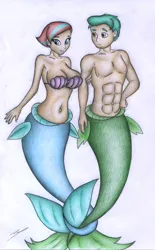 Size: 2151x3480 | Tagged: suggestive, artist:sinaherib, derpibooru import, hitch trailblazer, zipp storm, human, mermaid, merman, g5, abs, bra, clothes, female, humanized, image, jpeg, male, seashell, seashell bra, traditional art, underwear