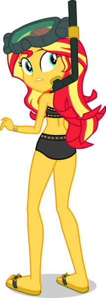 Size: 643x1800 | Tagged: safe, artist:dustinwatsongkx, derpibooru import, sunset shimmer, equestria girls, equestria girls series, unsolved selfie mysteries, alternate hairstyle, bikini, bunset shimmer, butt, clothes, g4, image, midriff, my little pony equestria girls: better together, png, sandals, shadow, simple background, snorkel, solo, sunset shimmer's beach shorts swimsuit, swimsuit, transparent background, turned head, vector