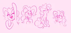 Size: 1755x805 | Tagged: safe, artist:blex, derpibooru import, pinkie pie, earth pony, pony, blushing, cheering, chest fluff, cute, diapinkes, doodle, ear blush, eyes closed, female, g4, image, mare, monochrome, pink background, png, simple background, sitting, smiling, tongue out