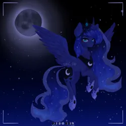 Size: 1400x1400 | Tagged: safe, artist:lunashuu, derpibooru import, princess luna, alicorn, pony, blue eyes, blue mane, blue tail, crown, digital art, ethereal mane, ethereal tail, feather, female, flowing mane, flowing tail, flying, g4, gem, glow, hoof shoes, horn, image, jewelry, jpeg, looking at you, mare, moon, moonlight, night, peytral, princess shoes, redraw, regalia, signature, sky, solo, sparkles, spread wings, starry mane, starry tail, stars, tail, wings