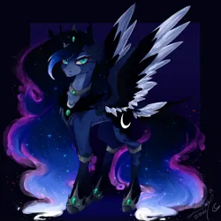 Size: 1100x1100 | Tagged: safe, artist:lunashuu, derpibooru import, princess luna, alicorn, pony, alternate design, blue background, blue eyes, blue mane, blue tail, colored wings, crown, digital art, ear fluff, ethereal mane, ethereal tail, eyelashes, eyeshadow, feather, female, flowing mane, flowing tail, g4, gem, glow, hoof shoes, horn, image, jewelry, jpeg, lidded eyes, looking at you, makeup, mare, moon, moonlight, night, peytral, princess shoes, redraw, regalia, signature, simple background, solo, sparkles, spread wings, starry mane, starry tail, stars, tail, twitterina design, two toned wings, wings