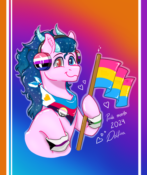 Size: 2757x3275 | Tagged: safe, artist:delfinaluther, derpibooru import, oc, unofficial characters only, pegasus, pony, blue hair, bracelet, demiromantic pride flag, demisexual pride flag, flag, genderfluid, genderfluid pride flag, headphones, image, jewelry, pansexual pride flag, pin, pink skin, png, polyamorous pride flag, ponysona, pride, pride flag, pride month, queer, queerplatonic pride flag, scar, shawl, solo