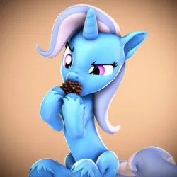 Size: 2160x2160 | Tagged: safe, artist:psfmer, derpibooru import, trixie, pony, unicorn, 3d, belly, cute, diatrixes, female, g4, gradient background, hoof hold, horn, image, mare, pica, pinecone, png, simple background, sitting, solo, source filmmaker, tan background, trixie eating pinecones, unshorn fetlocks