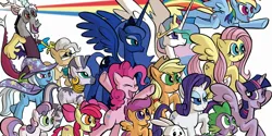 Size: 2500x1250 | Tagged: safe, artist:thom zahler, derpibooru import, angel bunny, apple bloom, applejack, discord, fluttershy, mayor mare, pinkie pie, princess celestia, princess luna, rainbow dash, rarity, scootaloo, spike, sweetie belle, trixie, twilight sparkle, twilight sparkle (alicorn), zecora, alicorn, draconequus, dragon, earth pony, pegasus, pony, rabbit, unicorn, zebra, 2016, animal, applejack's hat, bipedal, cape, clothes, cowboy hat, ear piercing, earring, eyes closed, female, filly, flying, foal, g4, glasses, group, hat, horn, horns, image, jewelry, jpeg, lidded eyes, male, mane seven, mane six, mare, neck rings, open mouth, open smile, peytral, piercing, rainbow trail, raised hoof, raised leg, regalia, royal sisters, siblings, sisters, smiling, spread wings, tail, tiara, trixie's cape, trixie's hat, wings