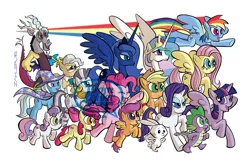 Size: 1296x864 | Tagged: safe, artist:thom zahler, derpibooru import, angel bunny, apple bloom, applejack, discord, fluttershy, mayor mare, pinkie pie, princess celestia, princess luna, rainbow dash, rarity, scootaloo, spike, sweetie belle, trixie, twilight sparkle, twilight sparkle (alicorn), zecora, alicorn, draconequus, dragon, earth pony, pegasus, pony, rabbit, unicorn, zebra, 2016, animal, applejack's hat, bipedal, cape, clothes, cowboy hat, ear piercing, earring, eyes closed, female, filly, flying, foal, g4, glasses, group, hat, horn, horns, image, jewelry, jpeg, lidded eyes, male, mane seven, mane six, mare, neck rings, obtrusive watermark, open mouth, open smile, peytral, piercing, rainbow trail, raised hoof, raised leg, regalia, royal sisters, siblings, signature, simple background, sisters, smiling, spread wings, tail, tiara, trixie's cape, trixie's hat, watermark, white background, wings