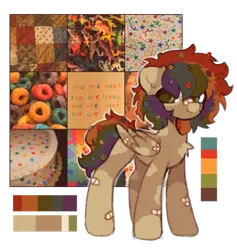 Size: 507x535 | Tagged: safe, artist:flixanoa, derpibooru import, oc, oc:froot loop, pegasus, pony, bandaid, bandaid on nose, cereal, food, image, markings, multicolored hair, nonbinary, png, rainbow, reference sheet, solo, splotches