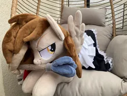 Size: 1280x960 | Tagged: safe, derpibooru import, oc, oc:prince whateverer, unofficial characters only, clothes, crossdressing, duster, galacon, galacon 2024, image, irl, jpeg, maid, male, photo, plushie