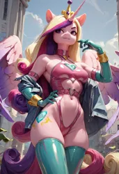 Size: 1200x1754 | Tagged: suggestive, ai content, derpibooru import, machine learning generated, prompter:royalsimp, stable diffusion, princess cadance, alicorn, anthro, belly button, breasts, clothes, crown, female, g4, image, jewelry, jpeg, raised hand, reasonably sized breasts, regalia, socks, solo, solo female, spread wings, thigh highs, tight clothing, wings