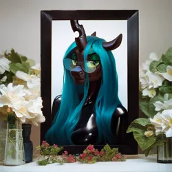 Size: 1024x1024 | Tagged: suggestive, ai content, anonymous prompter, derpibooru import, machine learning generated, stable diffusion, queen chrysalis, anthro, changeling, changeling queen, abstract background, female, flower, generator:purplesmart.ai, glasses, image, jpeg, latex, latex suit, looking at you, picture, picture frame, solo, vase