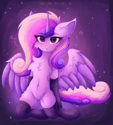 Size: 3000x3300 | Tagged: safe, artist:gaffy, derpibooru import, princess cadance, alicorn, pony, belly button, cheek fluff, chest fluff, clothes, ear fluff, eye clipping through hair, eyebrows, eyebrows visible through hair, heart, heart eyes, horn, image, kneeling, looking at you, partially open wings, png, sexy, socks, stockings, thigh highs, wingding eyes, wings
