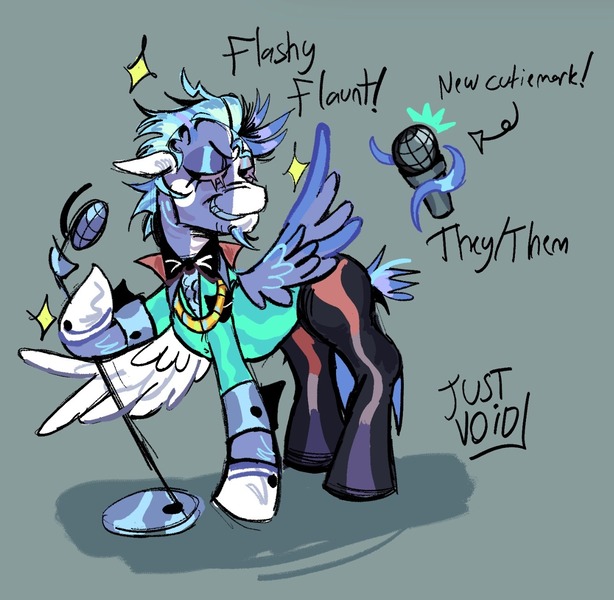 Size: 1332x1302 | Tagged: safe, artist:justvoidsdumbstuff1, derpibooru import, oc, oc:flashy flaunt, unofficial characters only, pegasus, pony, blaze (coat marking), blue coat, blue eyeshadow, blue mane, blue tail, blue teeth, chin fluff, clothes, coat markings, colored, colored ears, colored muzzle, colored teeth, eyelashes, eyeshadow, facial markings, floppy ears, gray background, hoof gloves, hoof hold, image, jpeg, lidded eyes, looking back, makeup, microphone stand, narrowed eyes, no catchlights, pants, pegasus oc, purple sclera, shiny mane, short mane, short tail, signature, simple background, smiling, solo, sparkles, spread wings, standing, suit, tail, text, wings