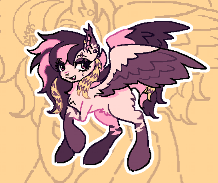 Size: 752x632 | Tagged: safe, artist:junniepiepoopop, derpibooru import, oc, oc:jade, unofficial characters only, pegasus, pony, butt fluff, cheek piercing, chest fluff, colored eartips, colored pinnae, colored wings, colored wingtips, ear piercing, earring, eye clipping through hair, eyelashes, eyeshadow, fangs, female, gauges, gift art, image, jewelry, lidded eyes, long mane, looking back, makeup, mare, open mouth, open smile, outline, pegasus oc, piercing, pink coat, png, pubic fluff, purple eyeshadow, raised hoof, scene, scene hair, septum, smiling, solo, spread wings, standing, stripes, three toned mane, three toned tail, tri-color mane, tri-color tail, tri-colored mane, tri-colored tail, two toned wings, wings, zoom layer