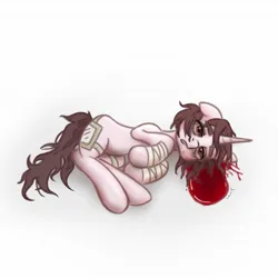 Size: 1345x1345 | Tagged: grimdark, artist:tuskonline, derpibooru import, oc, oc:lola, pony, unicorn, bandage, bandaged leg, blood, brown eyes, brown hair, brown mane, brown tail, dead, death, female, horn, image, jpeg, mare, pink body, ponysona, simple background, solo, tail