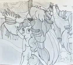 Size: 2836x2558 | Tagged: safe, artist:mlpfantealmintmoonrise, derpibooru import, pinkie pie, prince rutherford, unnamed character, earth pony, yak, atg 2024, g4, hut, image, irl, jpeg, monochrome, newbie artist training grounds, pencil drawing, photo, picture, snow, traditional art, unnamed yak