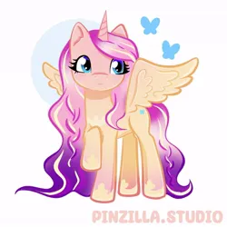 Size: 640x640 | Tagged: safe, artist:pinzillastudio, derpibooru import, oc, unofficial characters only, alicorn, butterfly, insect, pony, female, fusion, fusion:fluttershy, fusion:princess cadance, g4, gauntlet, image, jewelry, jpeg, long mane, raised hoof, regalia, simple background, smiling, solo, spread wings, white background, wings