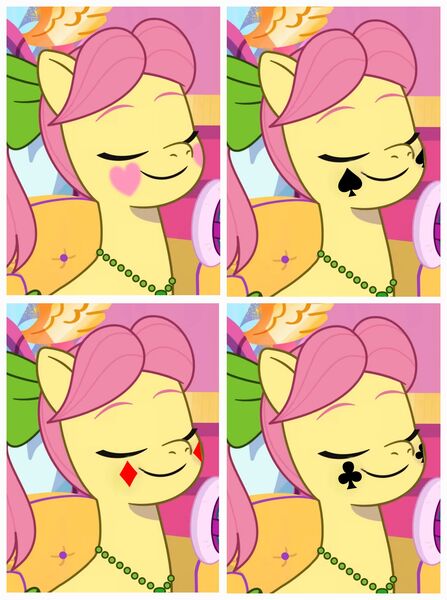 Size: 2460x3300 | Tagged: safe, derpibooru import, edit, edited screencap, screencap, posey (g5), earth pony, pony, g5, my little pony: tell your tale, spoiler:g5, spoiler:my little pony: tell your tale, spoiler:tyts02e04, armchair, card game, chair, closed mouth, collage, ears up, eyes closed, green bow, heart, image, jazz hearts rocky, jewelry, jpeg, makeup, necklace, pink hair, pink mane, smiling, solo, symbols, yellow body