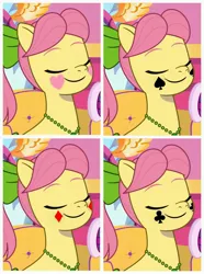Size: 2460x3300 | Tagged: safe, derpibooru import, edit, edited screencap, screencap, posey (g5), earth pony, pony, g5, my little pony: tell your tale, spoiler:g5, spoiler:my little pony: tell your tale, spoiler:tyts02e04, armchair, card game, chair, closed mouth, collage, ears up, eyes closed, green bow, heart, image, jazz hearts rocky, jewelry, jpeg, makeup, necklace, pink hair, pink mane, smiling, solo, symbols, yellow body