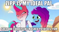 Size: 898x500 | Tagged: safe, derpibooru import, edit, edited screencap, screencap, zipp storm, g5, my little pony: tell your tale, caption, ed edd n eddy, hot day huh?, image, image macro, jpeg, misty brightdawn, text