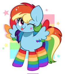 Size: 1812x2048 | Tagged: safe, artist:kittyrosie, derpibooru import, rainbow dash, pegasus, pony, :p, clothes, cute, dashabetes, female, gay pride flag, image, jpeg, mare, one eye closed, pride, pride flag, pride month, rainbow socks, socks, solo, striped socks, tongue out, wink