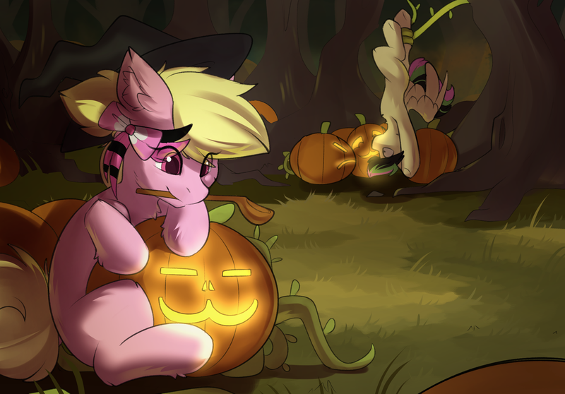 Size: 2181x1521 | Tagged: safe, artist:beardie, derpibooru import, oc, unofficial characters only, earth pony, pegasus, pony, bow, ear fluff, eye clipping through hair, hair bow, halloween, hat, holiday, image, jack-o-lantern, mouth hold, png, pumpkin, scene hair, sitting, suspended, tentacles, upside down, wide eyes, witch hat