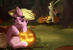 Size: 2181x1521 | Tagged: safe, artist:beardie, derpibooru import, oc, unofficial characters only, earth pony, pegasus, pony, bow, ear fluff, eye clipping through hair, hair bow, halloween, hat, holiday, image, jack-o-lantern, mouth hold, png, pumpkin, scene hair, sitting, suspended, tentacles, upside down, wide eyes, witch hat